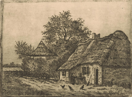 Farmhouse with thatched roof and hay barn, print, A woman stands by the farmhouse and three