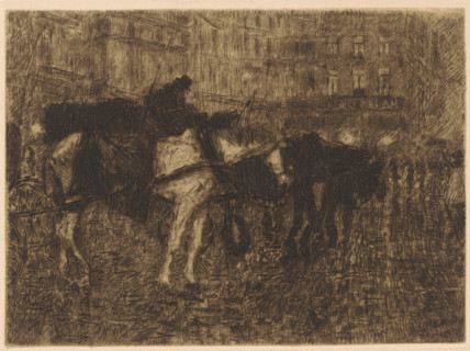 Carriage horses on a town square at evening, print, printmaker: Maurits Niekerk, 1881 - 1938,
