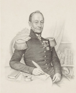 Portrait of JH Nägeli, print, The sitter is seated at a table in a military uniform. He wears two