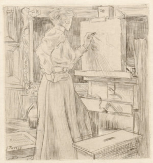 Riet van Houten draws on a lithographic stone in a studio, In 't atelier (original title), print,