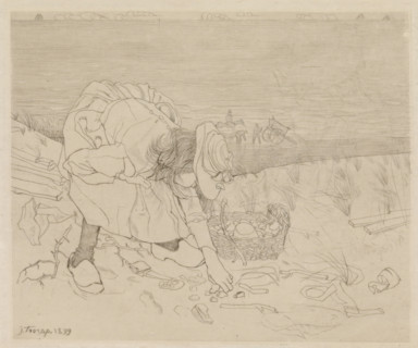 Girl collecting shells on the beach, print, printmaker: Jan Toorop (signed by artist), 1899, paper,