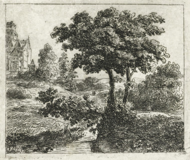 Landscape with church on a hill, print, printmaker: Johannes Adrianus van der Drift, Netherlands,
