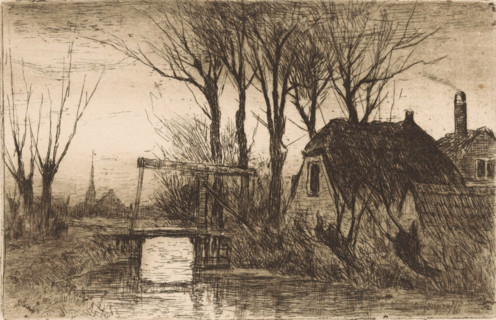Drawbridge at a farm, print, In the background the silhouette of a church. It is twilight.,