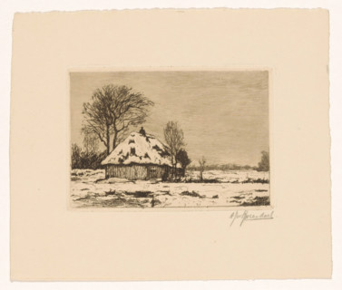 Snow landscape with barn, print, printmaker: Alberta Johanna van Rosendaal (signed by artist),