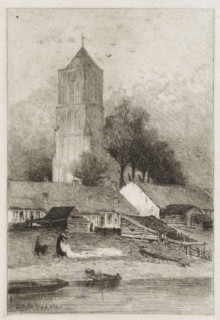 Village with church tower by the water, print, Village with a church tower by the water. On the