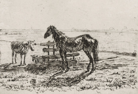 Meadow with a horse and two cows, print, A horse and a cow are standing by a fence in a meadow. A
