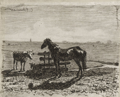 Meadow with a horse and two cows, print, A horse and a cow are standing by a fence in a meadow. A