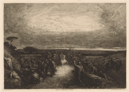 Landscape with a horseman in a crowd, Dans les campagnes de Rome., print, Numbered 7 in the upper