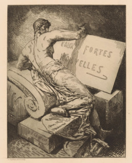 Eaux Fortes Nouvelles, Title print with man on stone monument, Etchings by various printmakers from