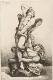 Allegorical representation with naked angel and woman, Les Liens du Mal, L'Eau Forte en 1875,
