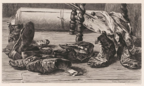 Shoes with painting materials, Souvenirs de voyage., print, printmaker: Jules Ferdinand Jacquemart,