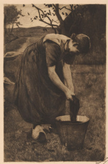 Farmer's wife washing textiles in a bucket, print, signature: 'Willem Witsen', watermark,