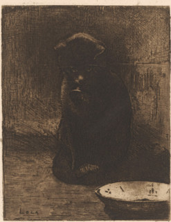 Cat, Lola (original title on object), Cat Lola, print, Sitting cat in front of a bowl., signature: