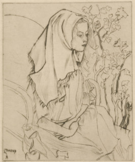Sick child (original title), Charley Toorop with headscarf in an armchair, print, printmaker: Jan