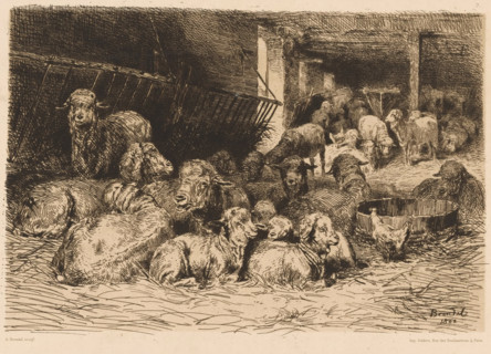 Interior of a sheepfold, Une bergerie, print, printmaker: Albert Heinrich Brendel, France, printer