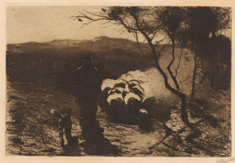 Shepherd with a dog behind his flock, print, The dog walks to the left of the shepherd.,