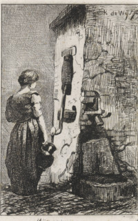 Reverie, Woman with jug by water pump, print, A young woman stands lost in thought with a jug in