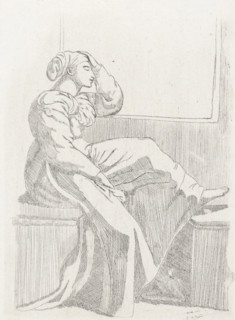 Sitting woman by an open window, print, A woman is sitting on a bench by an open window. She is