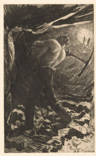 Targeted miner, print, The man has a pickaxe in his hands. On the right in the background two