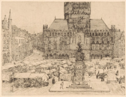 Market Square in Bruges, print, The Market Square of Bruges with the statue of Jan Breydel and