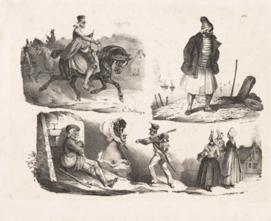 Six depictions of various figures, Lithographic sketches, print, Series number, 1, Six depictions