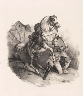 Kneeling dragoon with horse, print, The horse has thrown its rider. A dragoon seizes it by the