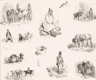 Thirteen scenes from daily life with various human figures and animals, Croquades, Sketches of