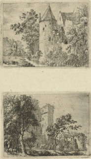 Duurstede Castle and ruins, print, Two different etchings on one sheet of Duurstede Castle.,