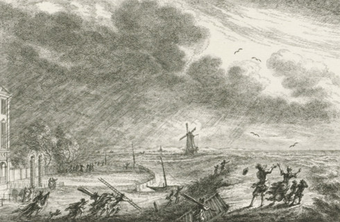 Flood at Halfweg, 1775, print, on the left the Swanenburg House, former communal land house of the