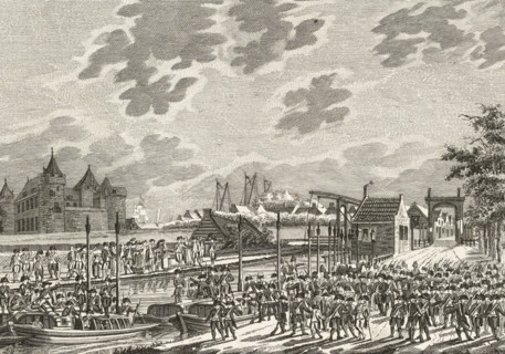 Arrival of the armed Amsterdam citizens in Muiden, 1787, print, Arrival of the boats with armed