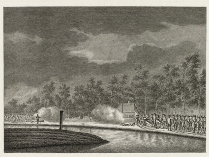 Firefight at Vreeswijk, 1787, print, Firefight on the canal at Vreeswijk outside Utrecht between