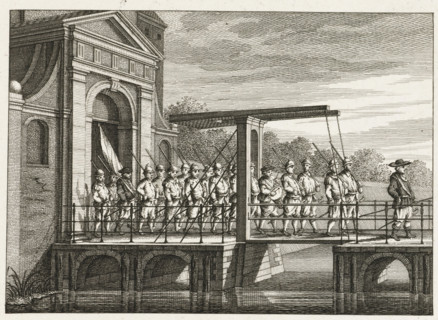 Hendrick Jansz. Ackerman marches out of the city with a company of musketeers, print, historical