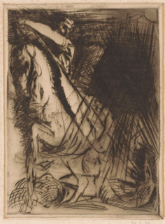 Saint George and the dragon, print, George, seated on a rearing horse. Beneath the horse the