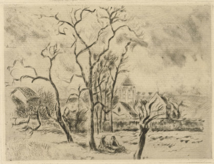 Eglise d'osny, près Pontoise, Church of Osny, print, A meadow with two women sitting under a tree.
