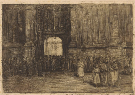 Church portal, print, People entering and leaving a church through a portal., printmaker: Antoon