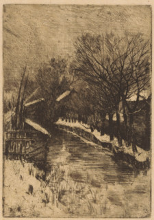 Snow-covered trees and buildings along a ditch, print, printmaker: Antoon Derkinderen, 1869 - 1925,