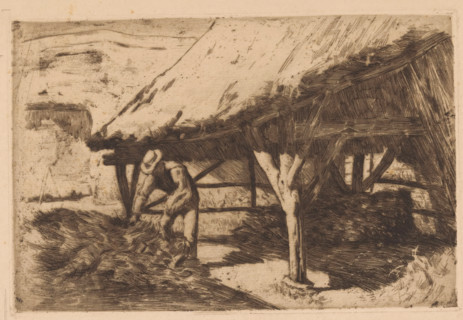Farmhouse with hay barn (original title), print, Series number, 3, A farmer at work by a stack of