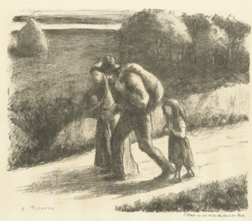 Man and woman with girl walking on a dirt road, Les trimardeurs, Vagrants, print, Man and woman