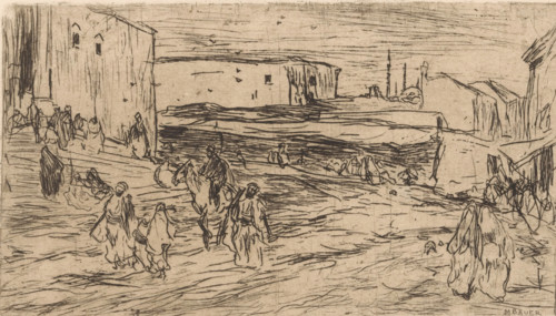 Outskirts of Constantinople, print, Men and women in Oriental clothing on a site surrounded by