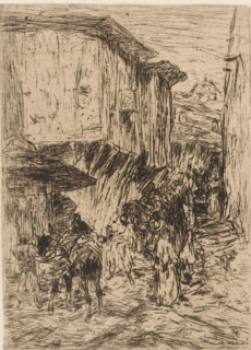 Market day, print, Various figures in a street, including a man with a pack animal carrying a load