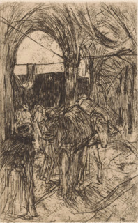 Pack horses, print, Various figures with two horses loaded with cargo., printmaker: Marius Bauer
