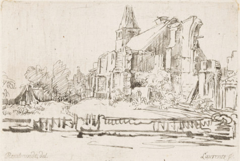 View of a ruin, print, printmaker: Johann Daniel Laurentz, after drawing by Rembrandt van Rijn,