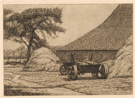 Farm barn with cart, print, printmaker: Laurent Verwey van Udenhout, Netherlands, 1894 - 1913,
