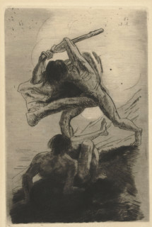 Cain and Abel, print, Cain with club raised, about to strike Abel. Abel, seen from the back,