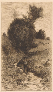 Woman on a sunken road, print, The woman carries a stick on her shoulder. In the background trees