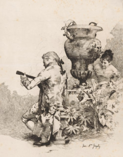 Man playing an instrument in a garden, print, collector's mark: 'Littéraire Societeit, The Hague',
