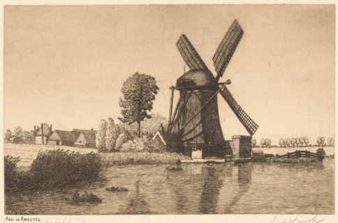 Aan de Angstel (original title on object), print, A windmill on the river Angstel., printmaker: