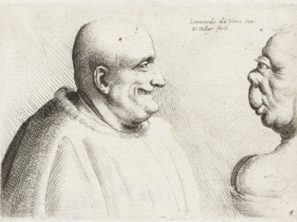 Heads of a large bald man and grotesque woman, Caricatures, heads and deformities after Leonardo da