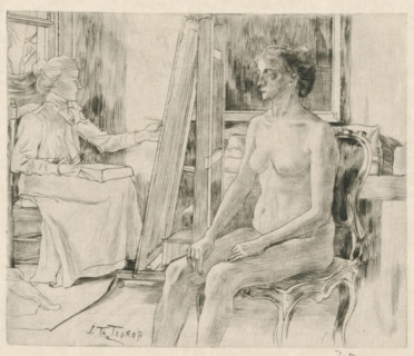Artist working from female nude model, The model (original title), print, printmaker: Jan Toorop