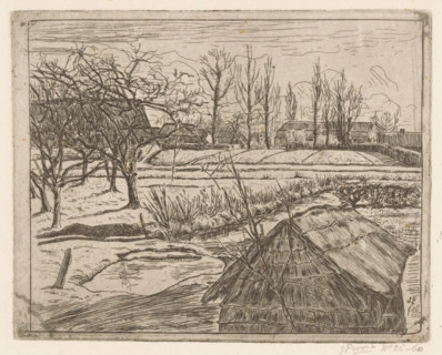 Winter landscape with farms, print, On the left an orchard, on the right a barn., printmaker: